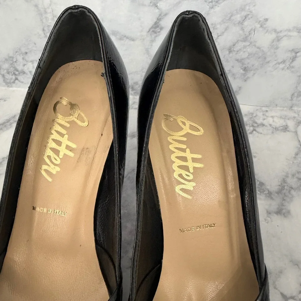Butter Peep Toe Pumps 8.5 Black Patent Leather Knotted Bow Stiletto Italy‎